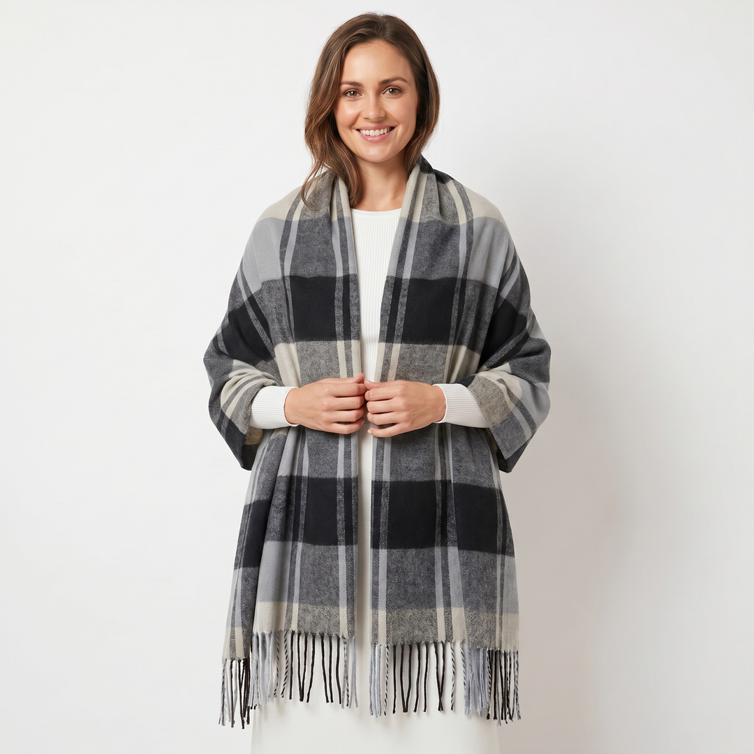 Women's Shawl Scarf – Oversized Check Woven Fringe Blanket Wrap