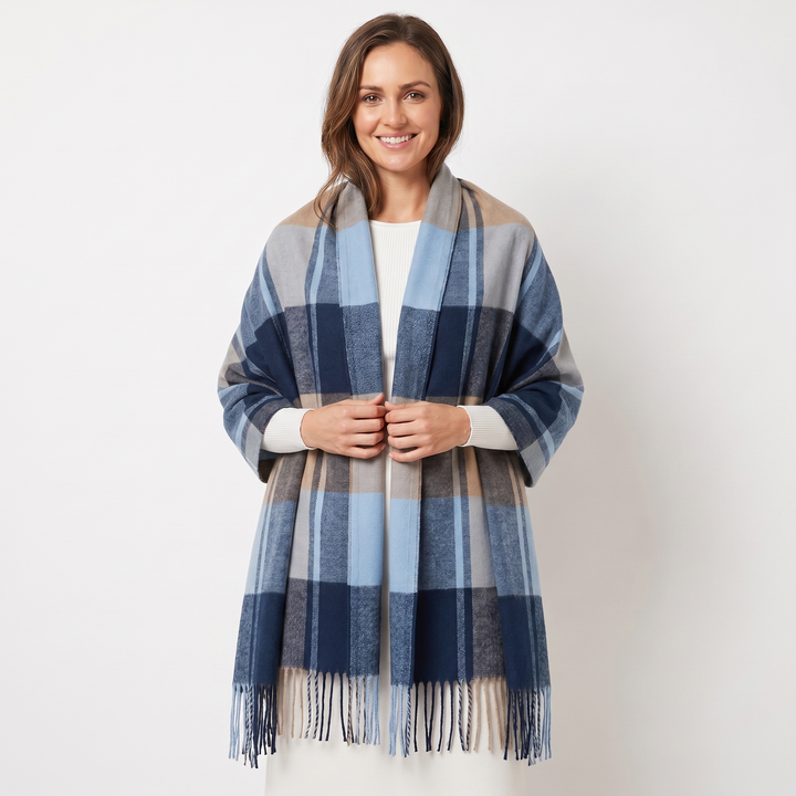 Women's Shawl Scarf – Oversized Check Woven Fringe Blanket Wrap