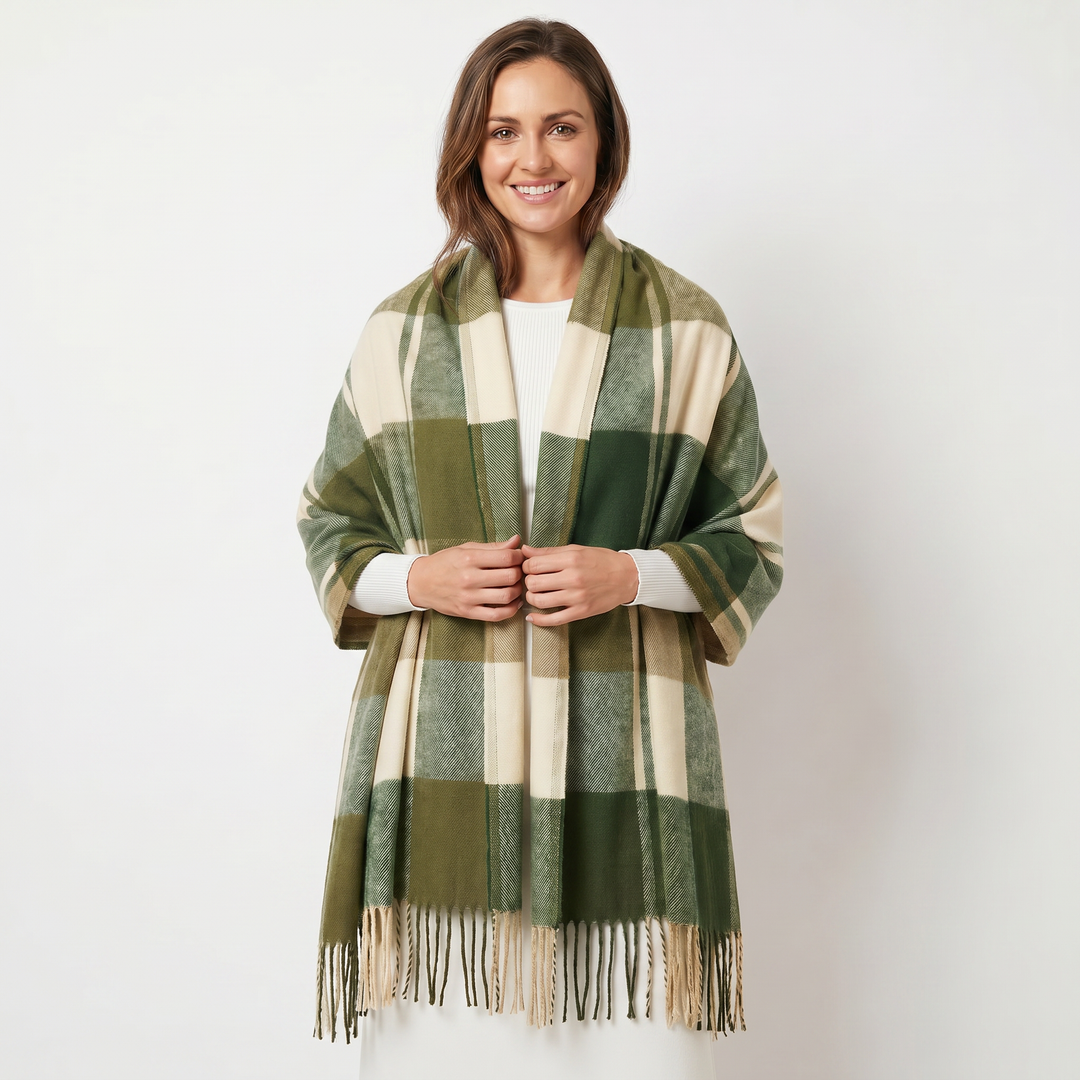 Women's Shawl Scarf – Oversized Check Woven Fringe Blanket Wrap