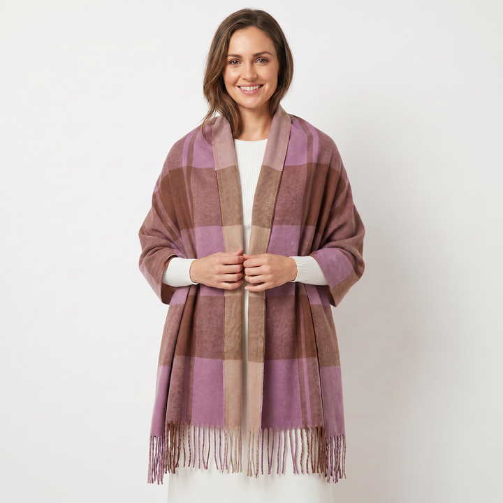 Women's Shawl Scarf – Oversized Check Woven Fringe Blanket Wrap