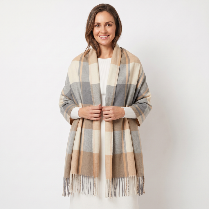 Women's Shawl Scarf – Oversized Check Woven Fringe Blanket Wrap