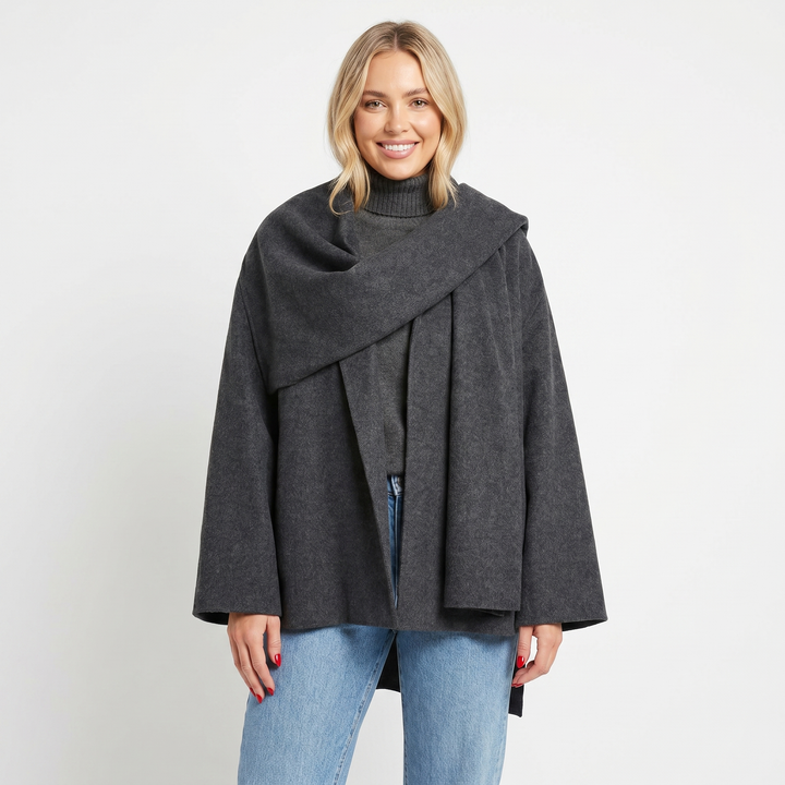 Women's Cape Jacket – Wool-Look Attached Scarf Wrap Open Front