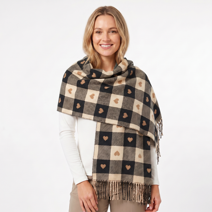 Women's Shawl Scarf – Heart Check Woven Fringe Blanket Wrap