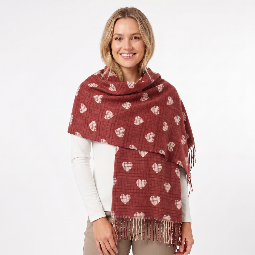 Women's Shawl Scarf – Heart Check Woven Fringe Blanket Wrap