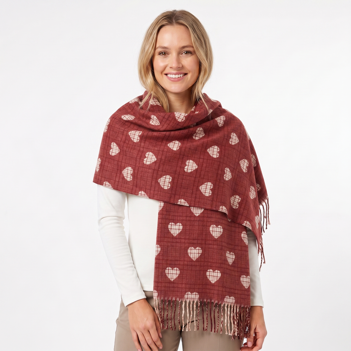 Women's Shawl Scarf – Heart Check Woven Fringe Blanket Wrap
