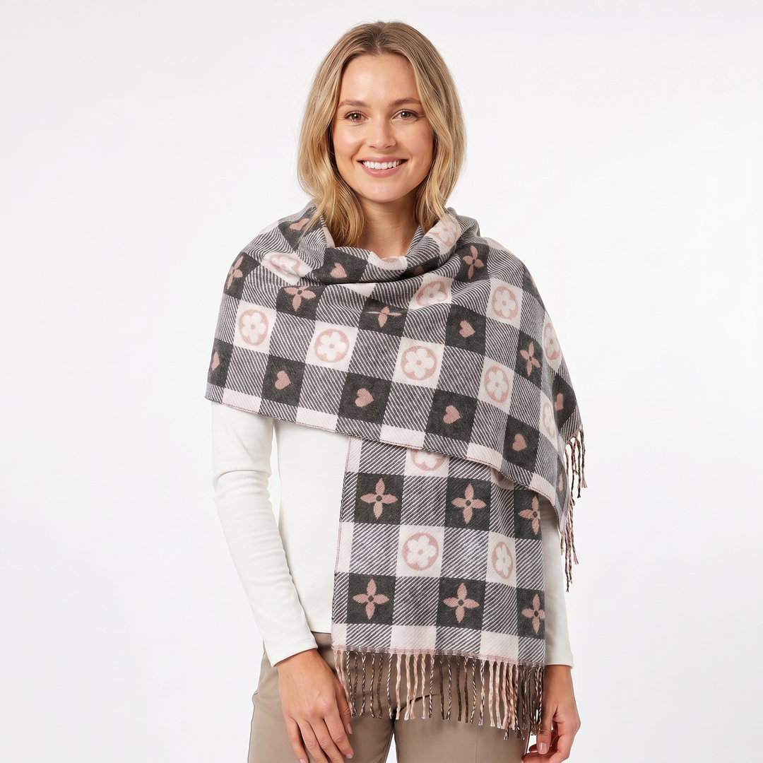 Women's Shawl Scarf – Heart Check Woven Fringe Blanket Wrap