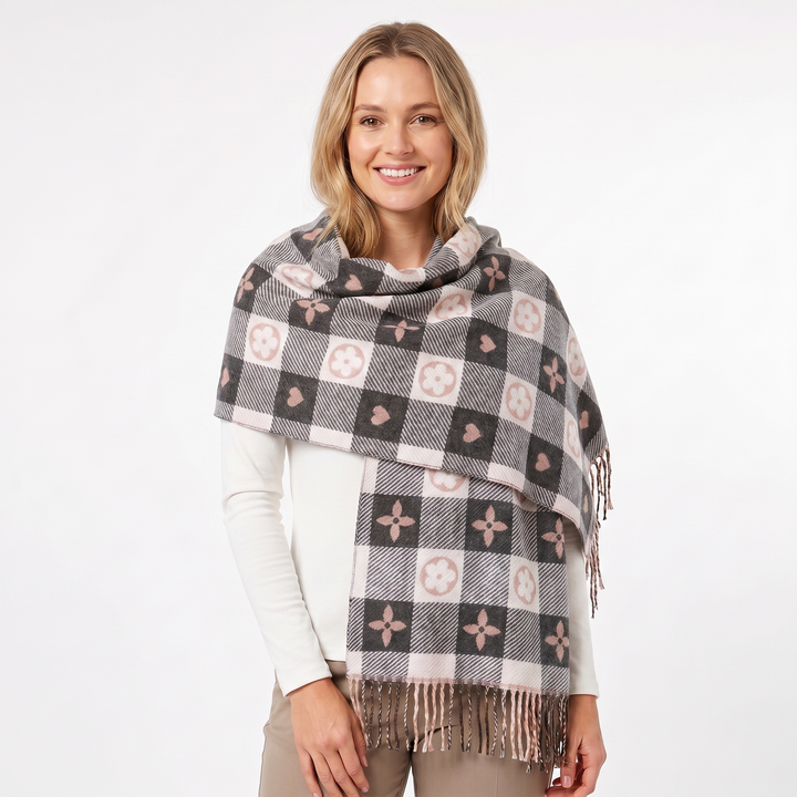 Women's Shawl Scarf – Heart Check Woven Fringe Blanket Wrap