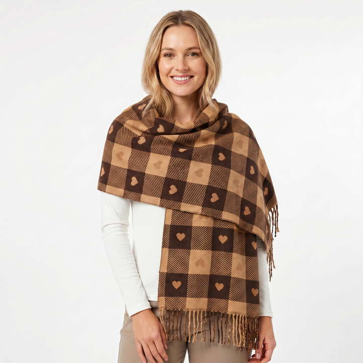 Women's Shawl Scarf – Heart Check Woven Fringe Blanket Wrap