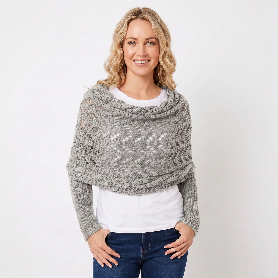 Women's Knit Shawl – Open Lace Stitch Shoulder Wrap Ribbed Trim