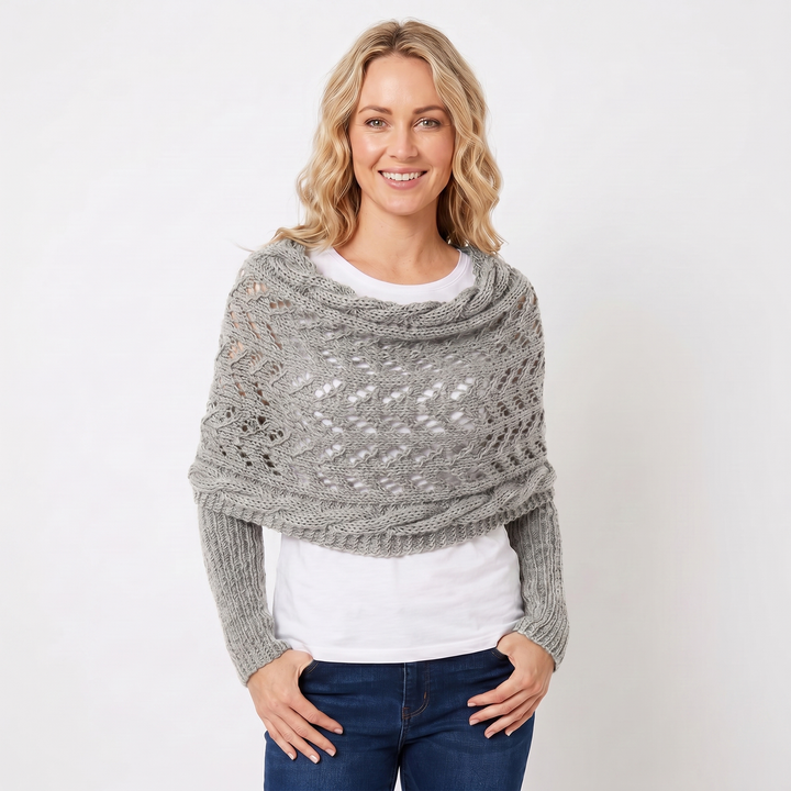 Women's Knit Shawl – Open Lace Stitch Shoulder Wrap Ribbed Trim