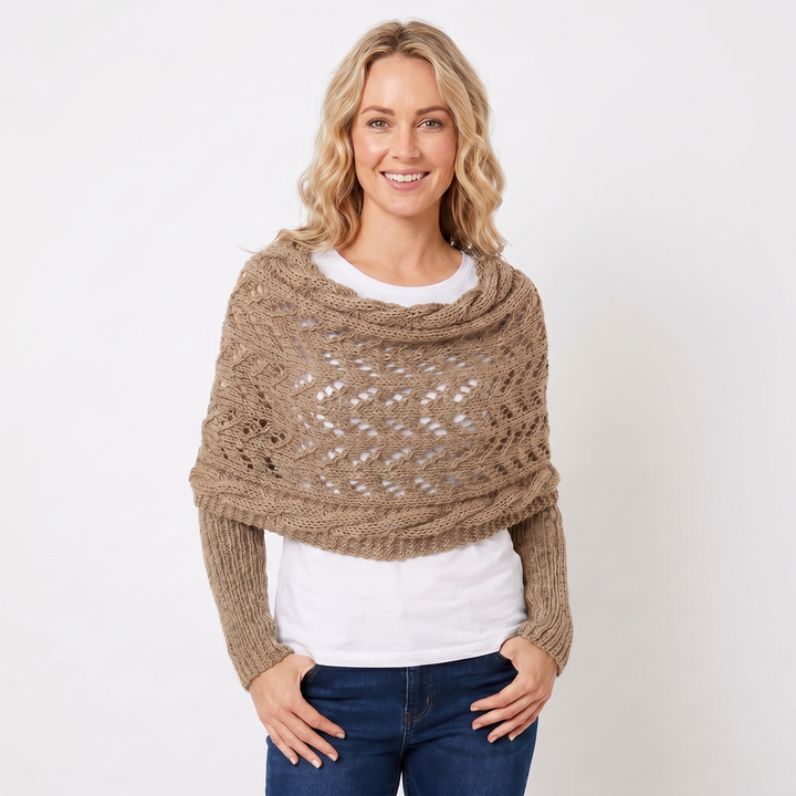 Women's Knit Shawl – Open Lace Stitch Shoulder Wrap Ribbed Trim