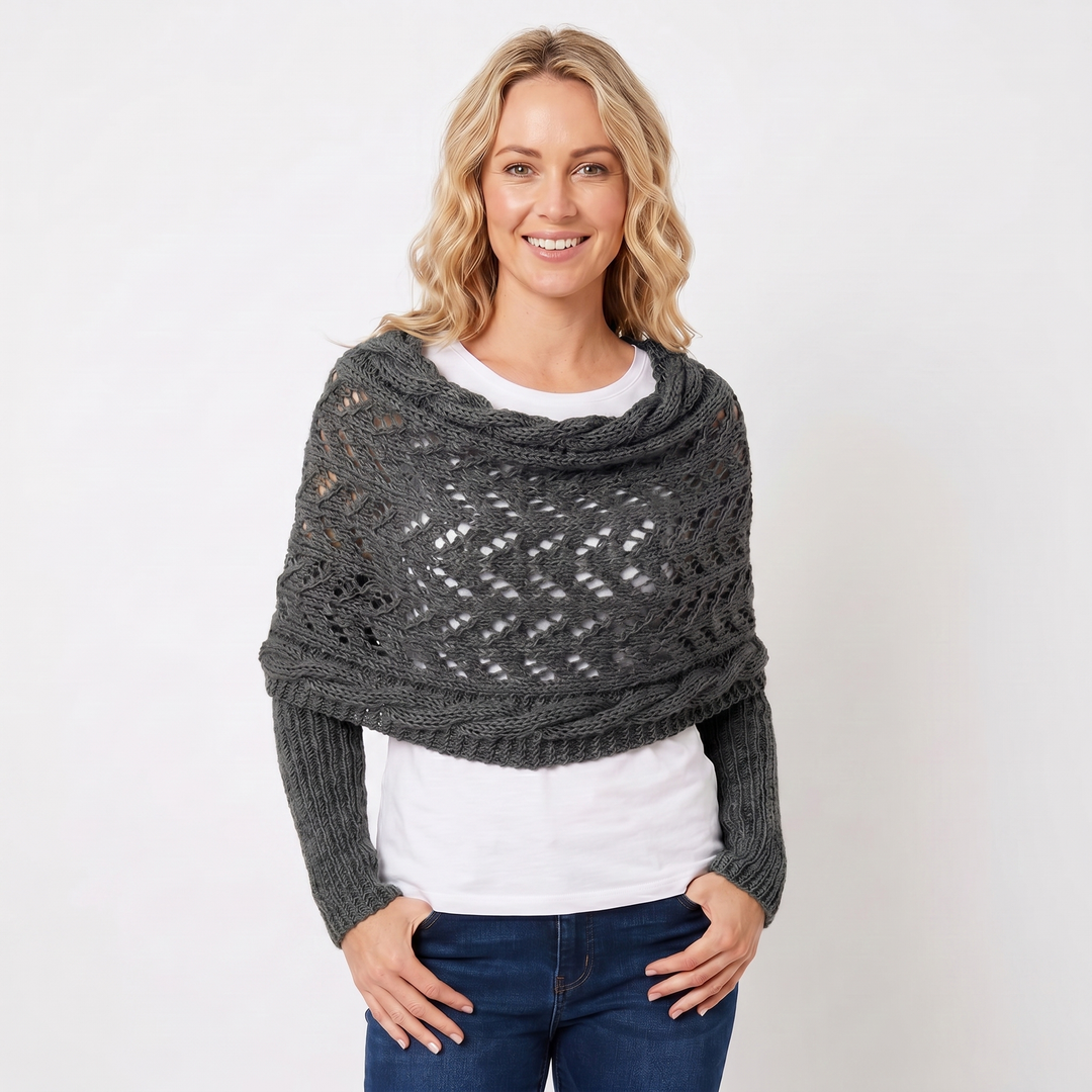 Women's Knit Shawl – Open Lace Stitch Shoulder Wrap Ribbed Trim