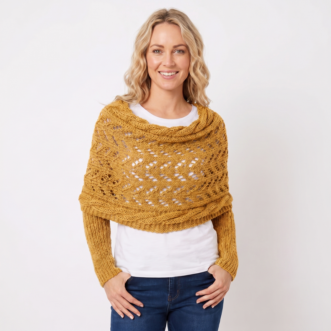 Women's Knit Shawl – Open Lace Stitch Shoulder Wrap Ribbed Trim