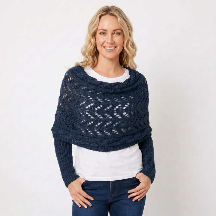 Women's Knit Shawl – Open Lace Stitch Shoulder Wrap Ribbed Trim