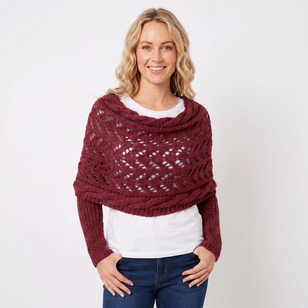 Women's Knit Shawl – Open Lace Stitch Shoulder Wrap Ribbed Trim