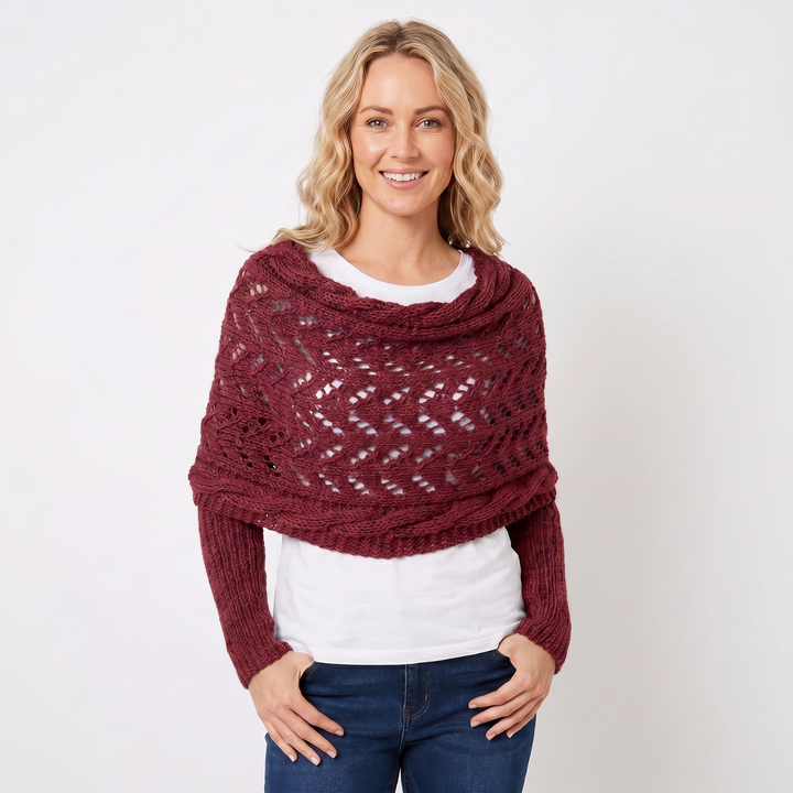 Women's Knit Shawl – Open Lace Stitch Shoulder Wrap Ribbed Trim