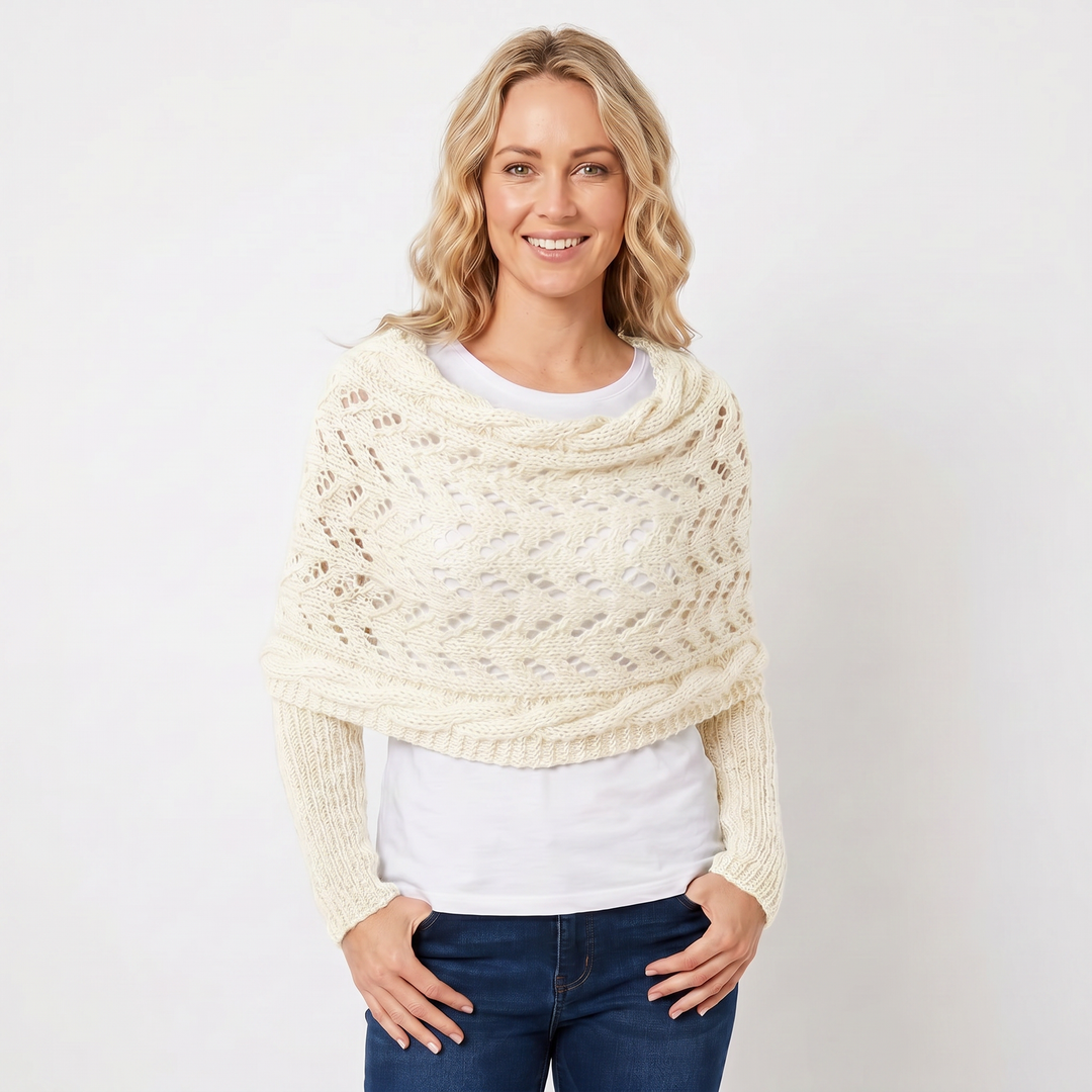 Women's Knit Shawl – Open Lace Stitch Shoulder Wrap Ribbed Trim