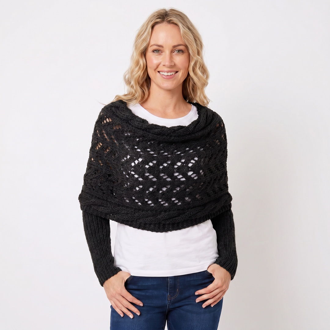 Women's Knit Shawl – Open Lace Stitch Shoulder Wrap Ribbed Trim