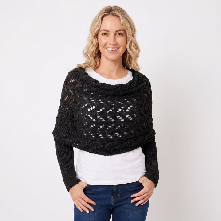 Women's Knit Shawl – Open Lace Stitch Shoulder Wrap Ribbed Trim