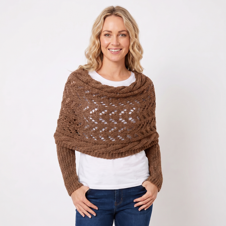 Women's Knit Shawl – Open Lace Stitch Shoulder Wrap Ribbed Trim