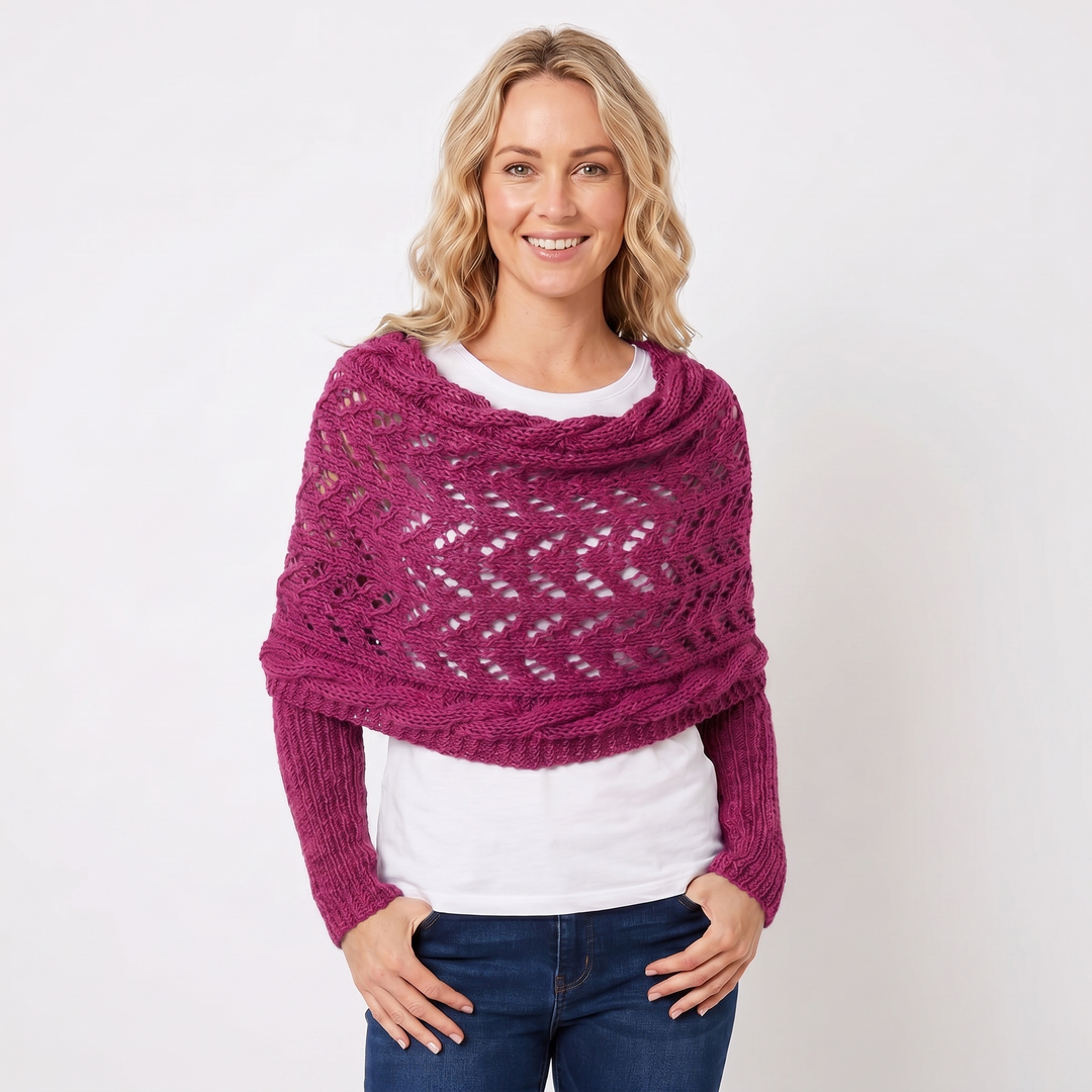 Women's Knit Shawl – Open Lace Stitch Shoulder Wrap Ribbed Trim