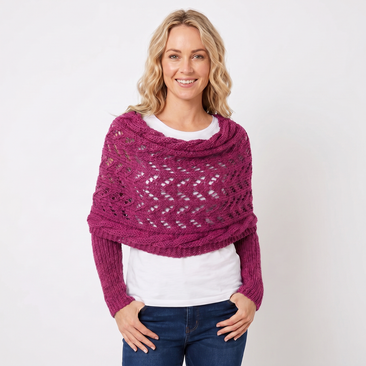 Women's Knit Shawl – Open Lace Stitch Shoulder Wrap Ribbed Trim