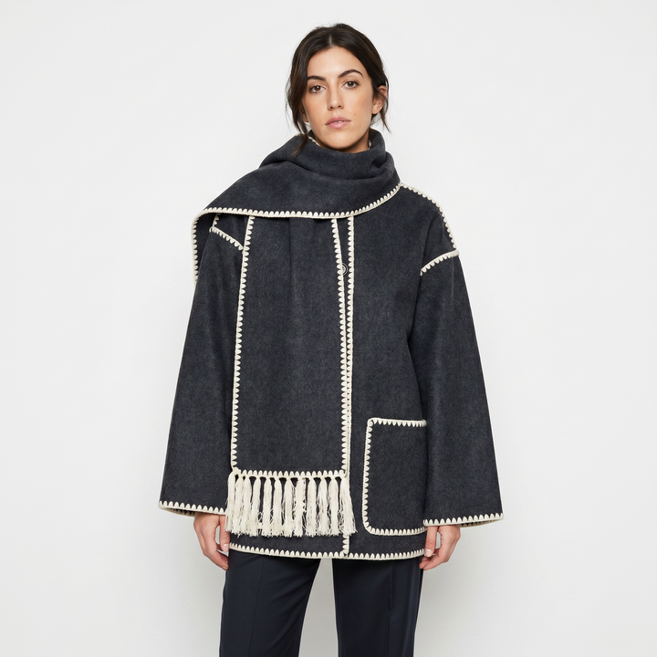 Women's Blanket Coat – Wool-Look Contrast Stitch Attached Scarf Tassel