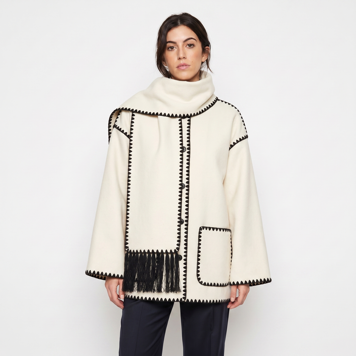 Women's Blanket Coat – Wool-Look Contrast Stitch Attached Scarf Tassel