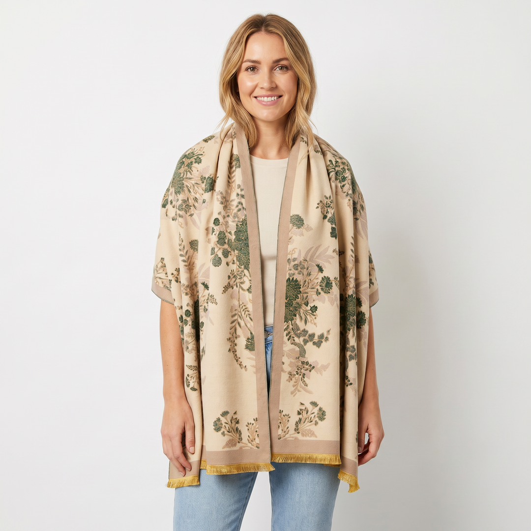 Women's Shawl Wrap – Botanical Floral Woven Print Fringe Border