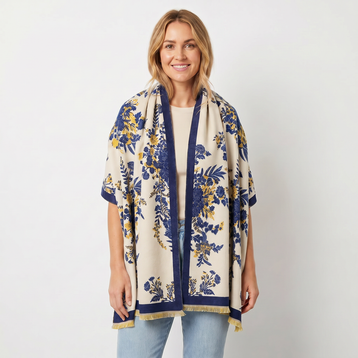 Women's Shawl Wrap – Botanical Floral Woven Print Fringe Border