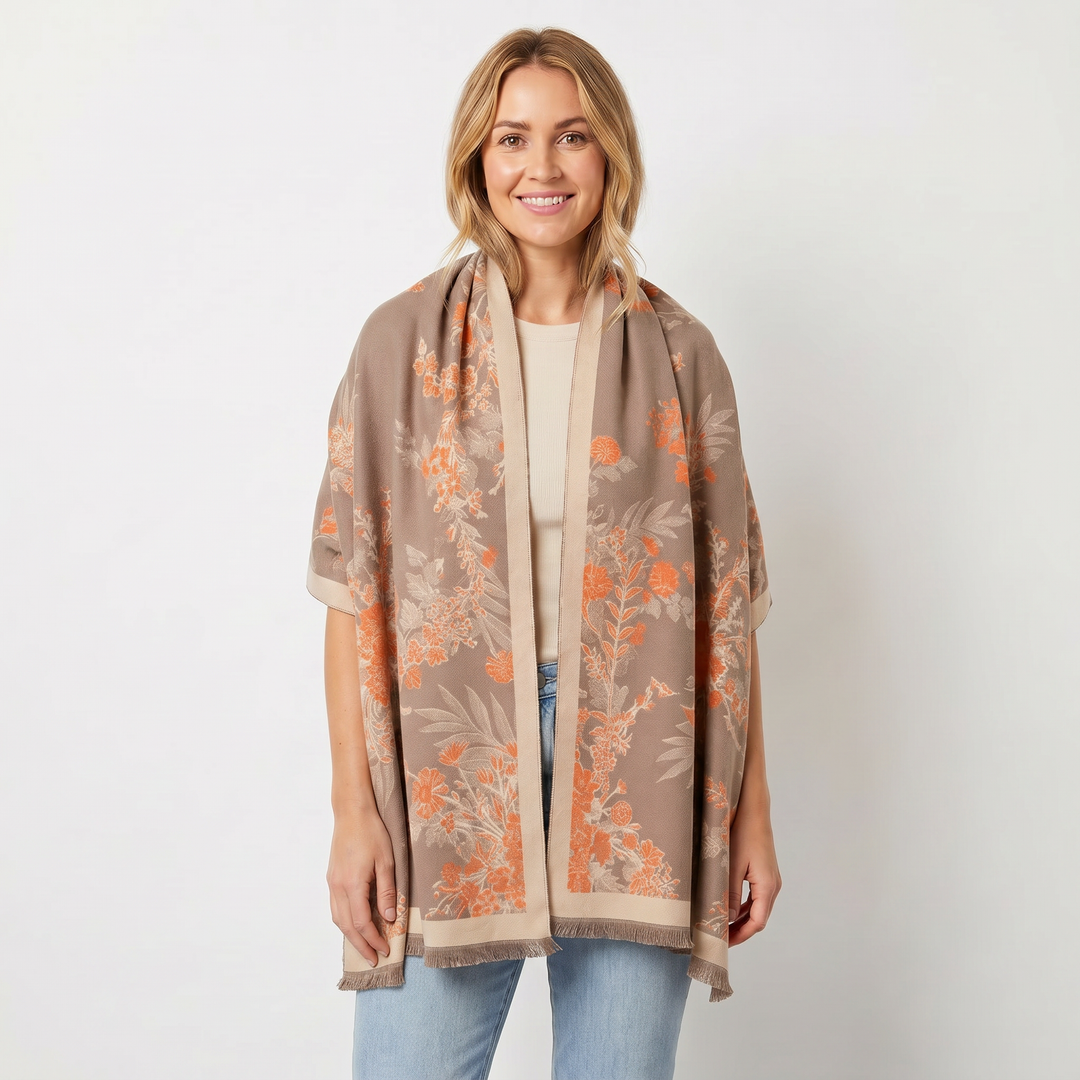 Women's Shawl Wrap – Botanical Floral Woven Print Fringe Border