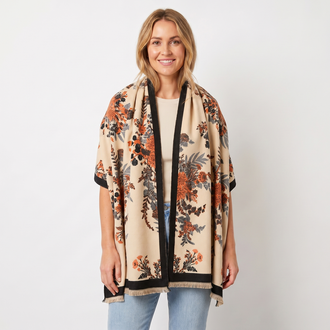 Women's Shawl Wrap – Botanical Floral Woven Print Fringe Border
