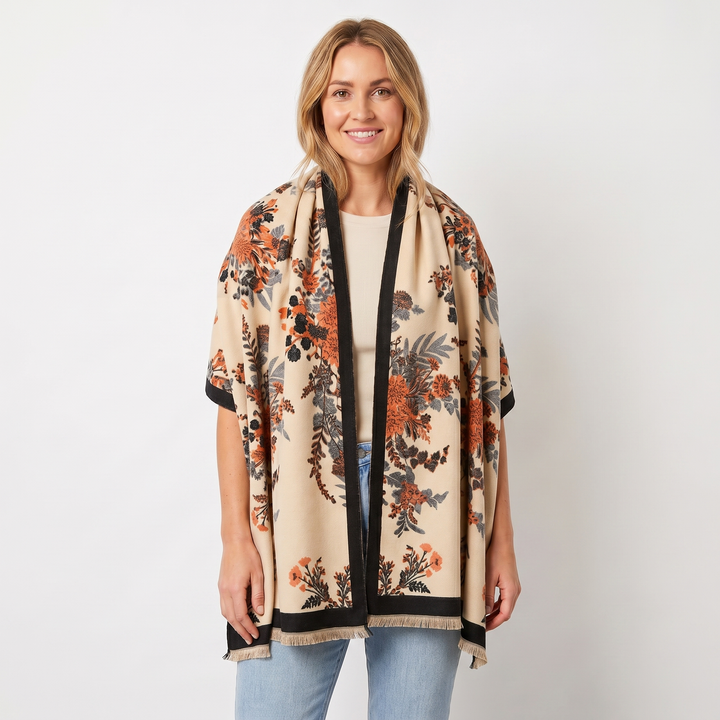 Women's Shawl Wrap – Botanical Floral Woven Print Fringe Border