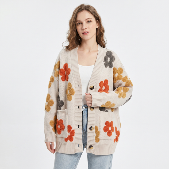 Women's Oversized Cardigan – Tufted Floral Knit V-Neck Button Front