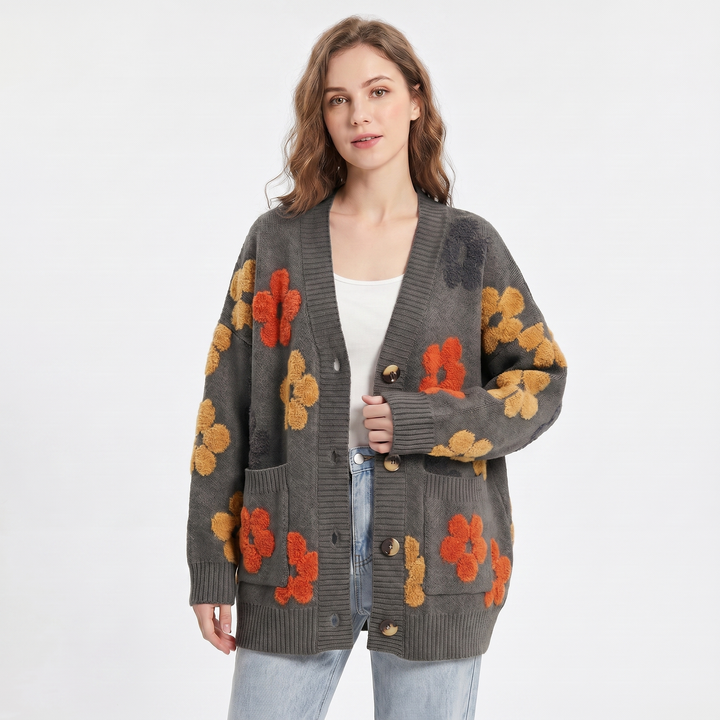 Women's Oversized Cardigan – Tufted Floral Knit V-Neck Button Front