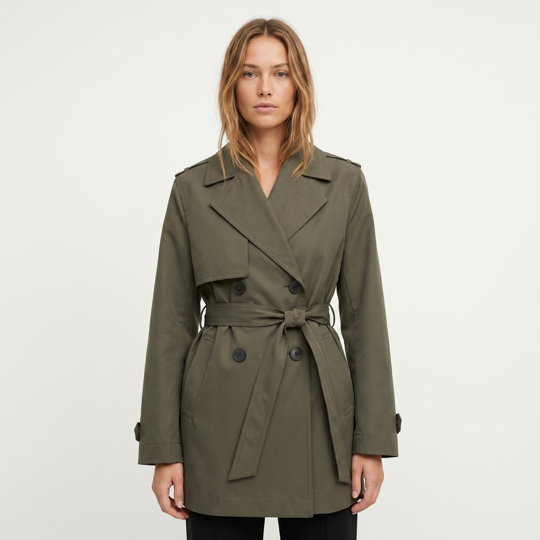 Women's Midi Length Trench Coat – Double-Breasted Belted Epaulette