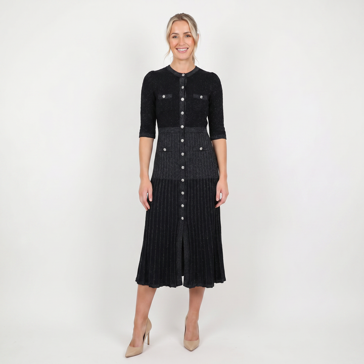 Women's Knit Dress – Pointelle Button-Through Midi Flap Pockets Flared