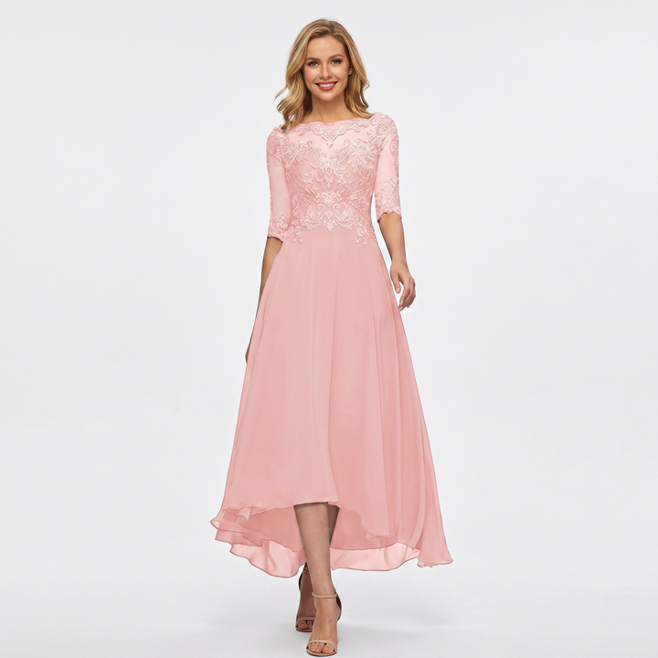 Women's Formal Dress – Lace Appliqué Bodice Chiffon Hi-Lo Maxi Skirt