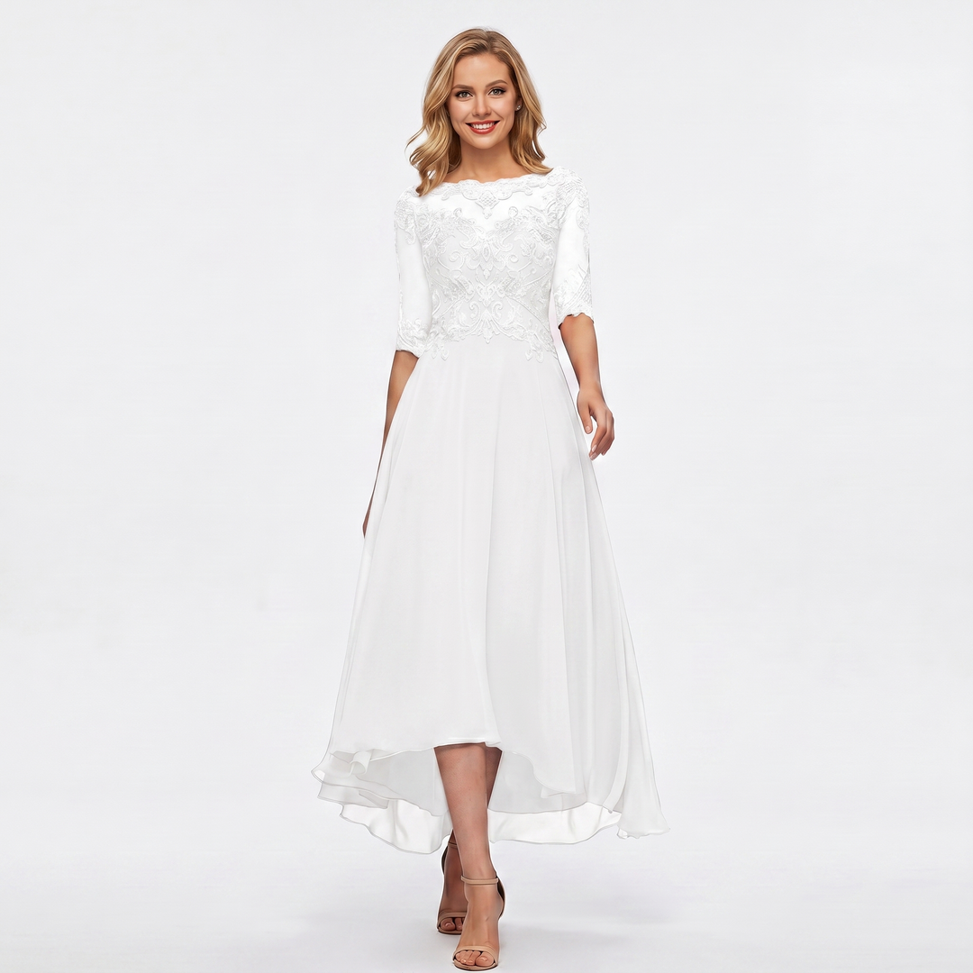 Women's Formal Dress – Lace Appliqué Bodice Chiffon Hi-Lo Maxi Skirt