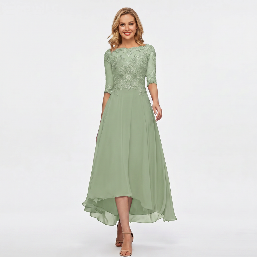Women's Formal Dress – Lace Appliqué Bodice Chiffon Hi-Lo Maxi Skirt