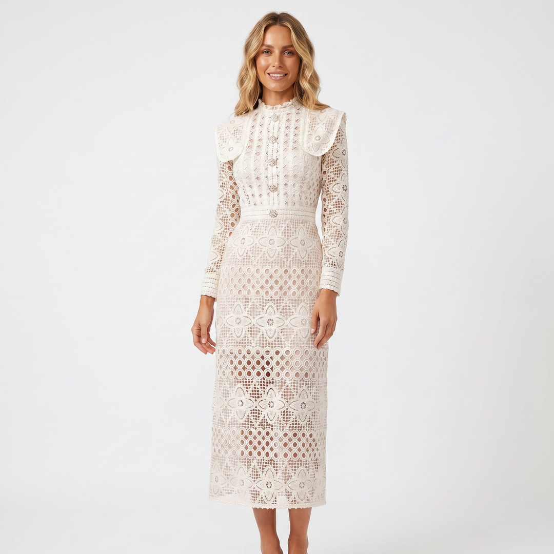 Women's Lace Midi Dress – Guipure High Neck Ruffle Collar Long Sleeve