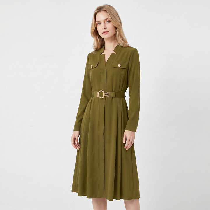 Women's Shirt Dress – Belted A-Line Midi Gold Hardware Pockets
