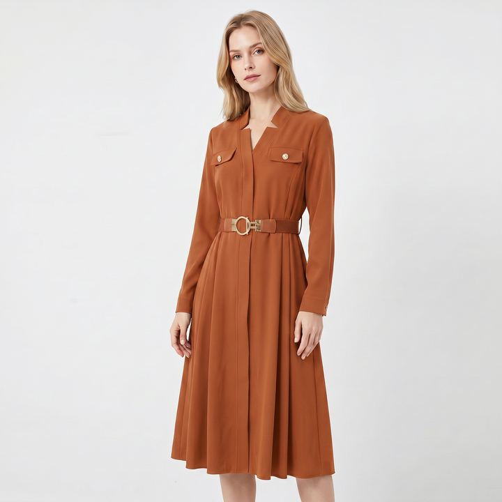 Women's Shirt Dress – Belted A-Line Midi Gold Hardware Pockets
