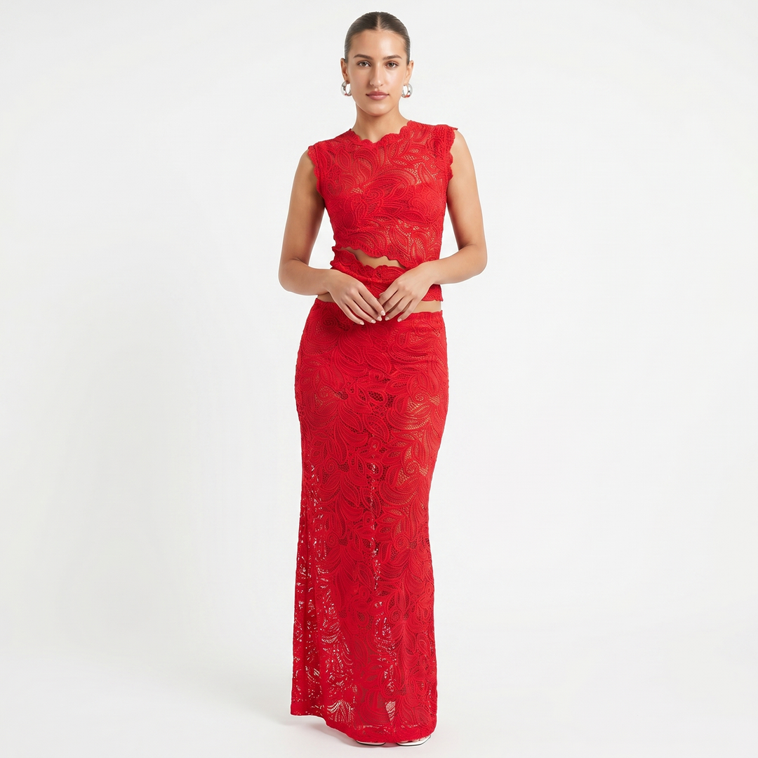 Women's Two Piece Lace Set Sleeveless Crop Top Maxi Skirt Formal