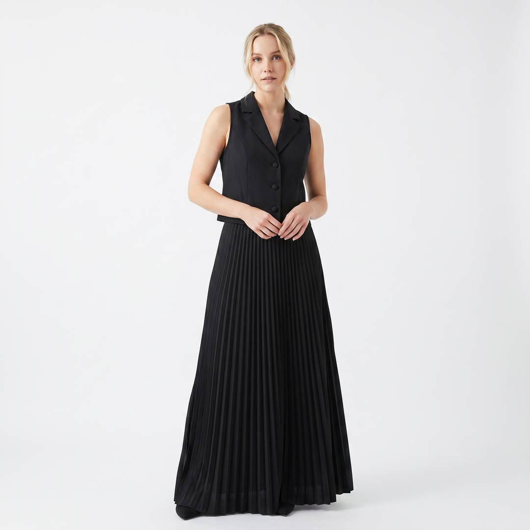 Women's Two Piece Set Tailored Waistcoat Pleated Maxi Skirt Formal