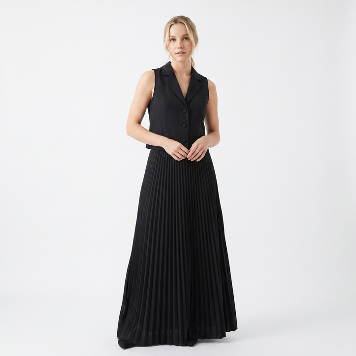 Women's Two Piece Set Tailored Waistcoat Pleated Maxi Skirt Formal