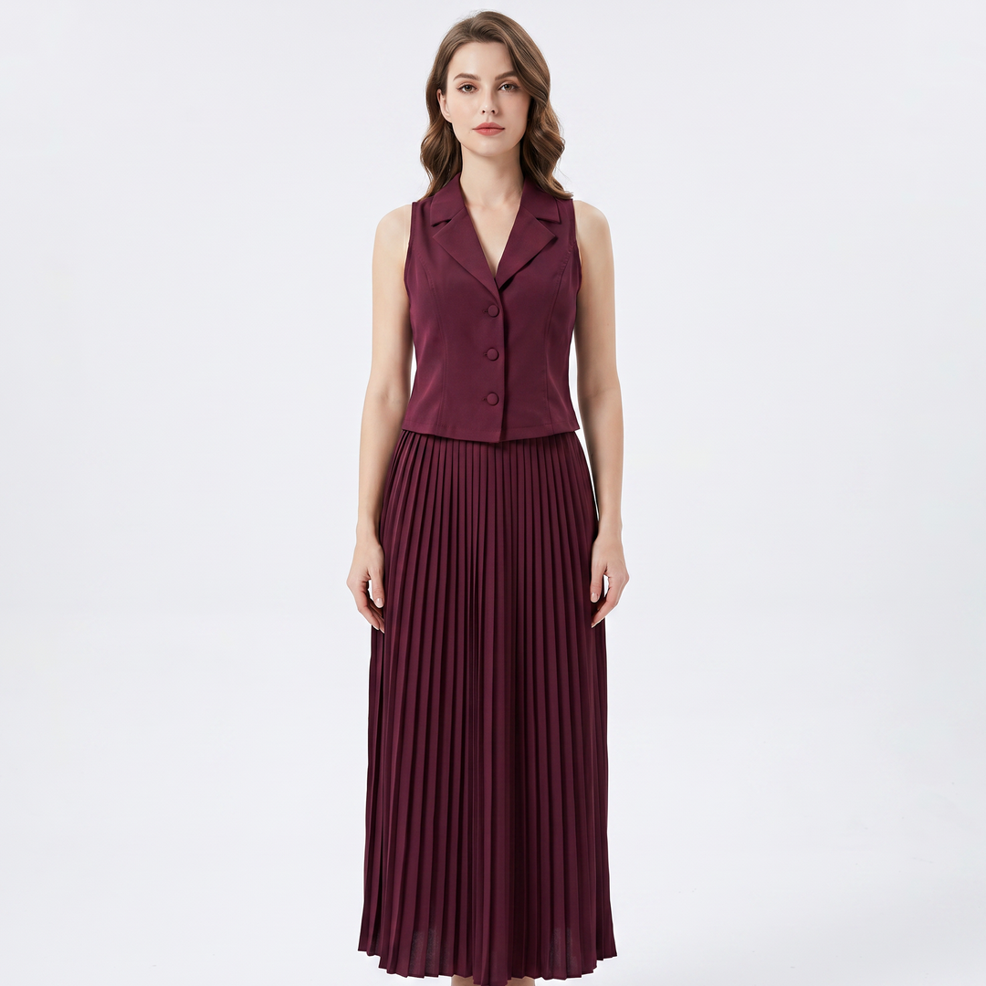 Women's Two Piece Set Tailored Waistcoat Pleated Maxi Skirt Formal