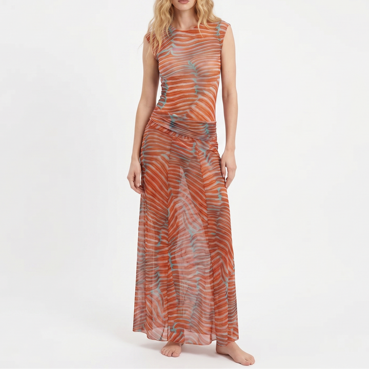 Women's Two Piece Mesh Set Sleeveless Top Maxi Skirt Sheer Printed