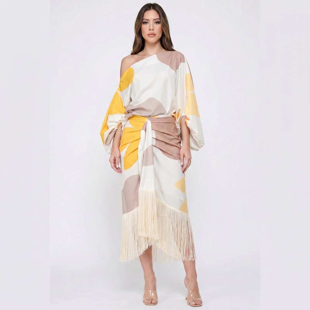 Women's Two Piece Set One Shoulder Top Fringe Midi Skirt Printed