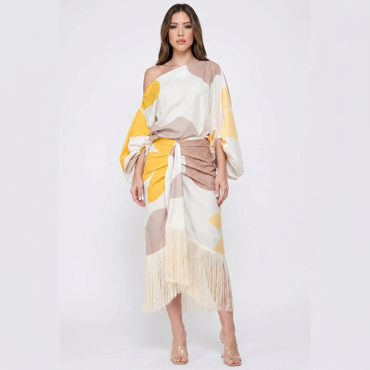 Women's Two Piece Set One Shoulder Top Fringe Midi Skirt Printed